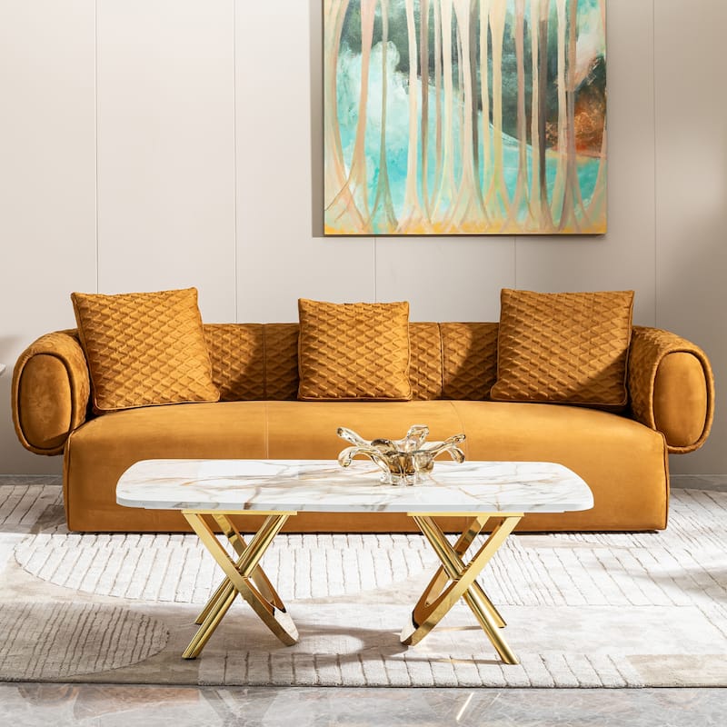 Gold Stainless Steel Marble Pattern Coffee Table 50.78" L x 27.16" W x 18.11" H for Living Room & Office - Gold