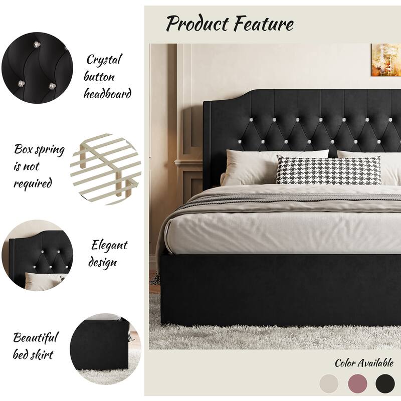 Queen Size Tufted Upholstered Bed Frame with Crystal Button Accents, Wingback Headboard and Under-Bed Storage Space,Beige