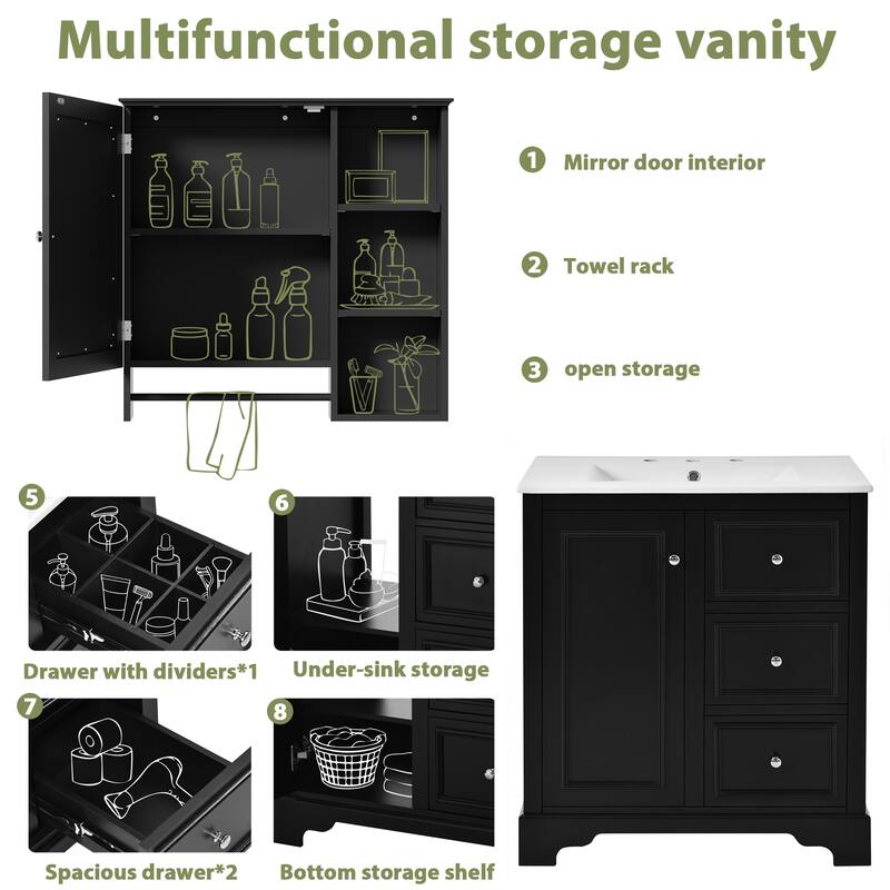 30-inch bathroom vanity with sink,with 3 drawers,adjustable shelves,freestanding vanity set with mirror cabinet,single sink