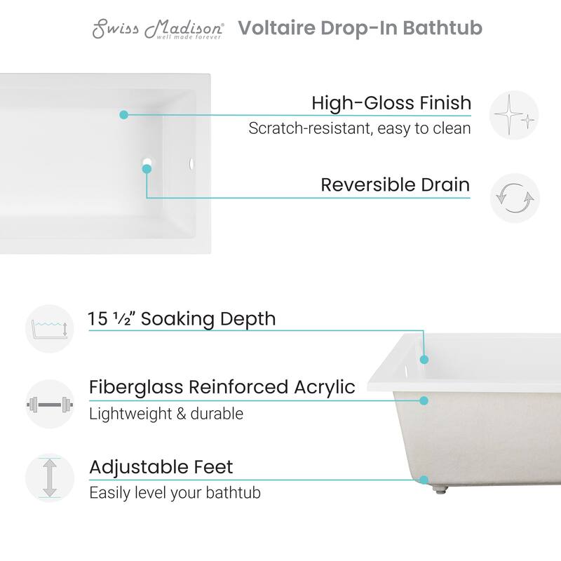 Swiss Madison Voltaire 72" x 36" Acrylic Reversible Drain Drop In Bathtub - 72x36 Reversible
