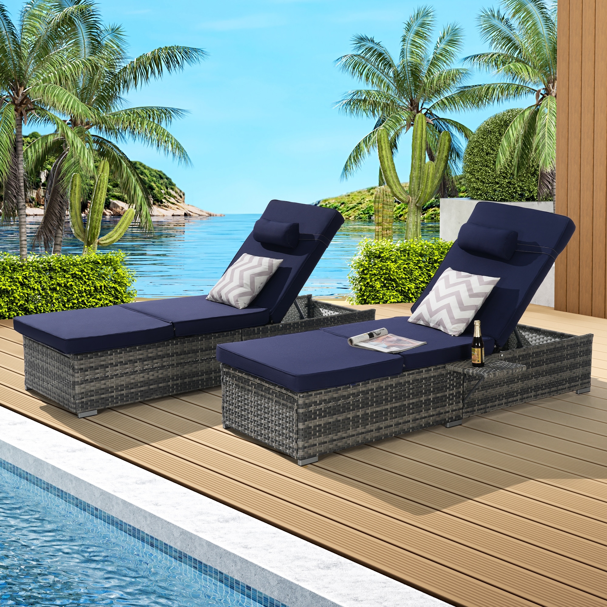 Outdoor Chaise Lounge Chair Set of 2 with Storage Patio Pool Chairs Tanning Lounges for Outside, Beach Rattan Recliners