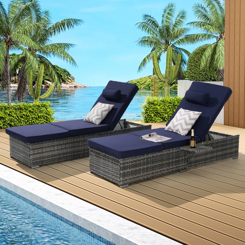 Outdoor Chaise Lounge Chair Set of 2 with Storage Patio Pool Chairs Tanning Lounges for Outside, Beach Rattan Recliners