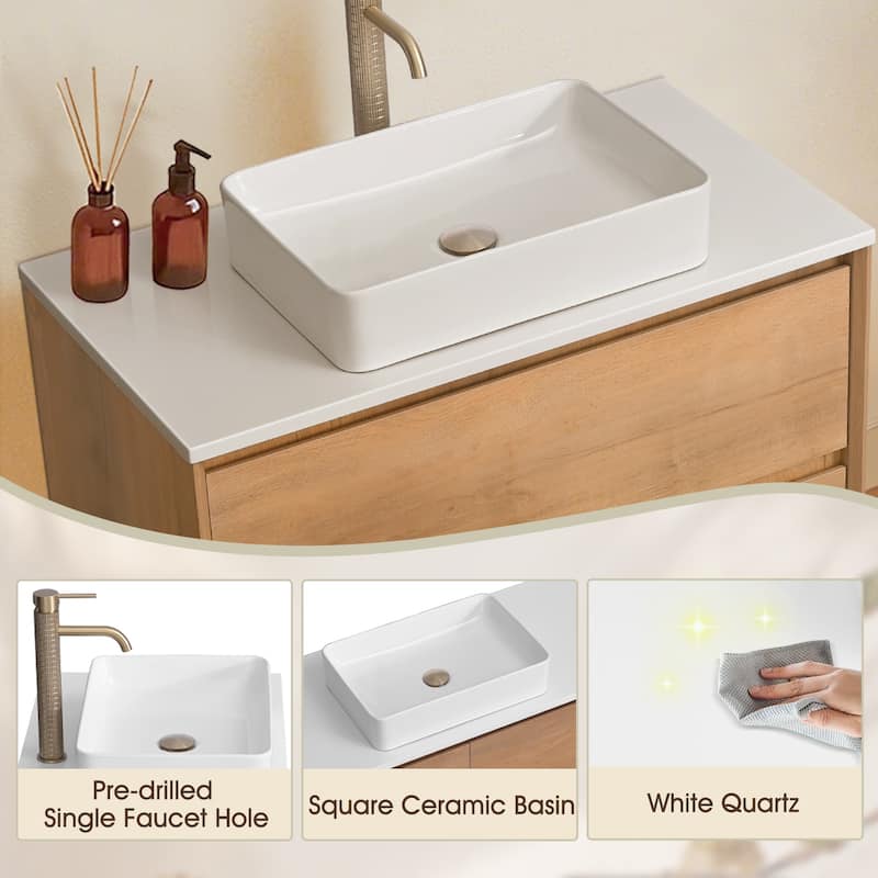 36"48"60"72"84" Floating Bathroom Vanity Quartz Counter Top with Round Ceramic Vessel Sink