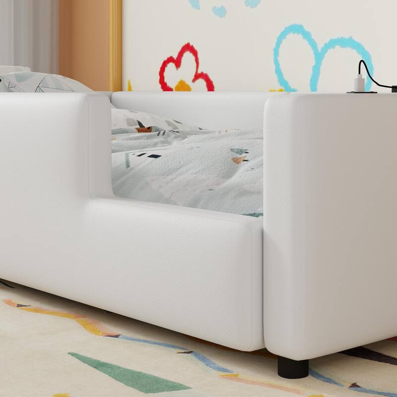 Twin Upholstered Platform Bed with Guardrail and Charging Station, White
