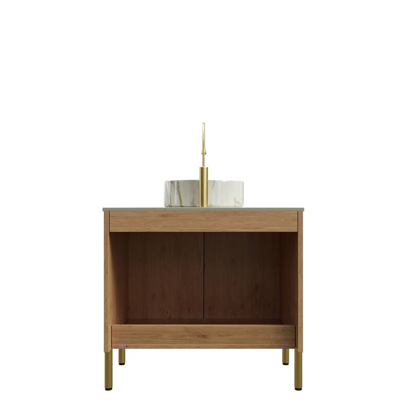 30" Bathroom Vanity with Sink, Freestanding Plywood Bathroom Storage Cabinet with 2 Doors, White Basin with Stone Pattern