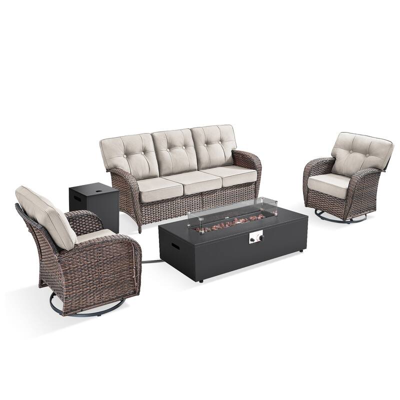 Pocassy 43 In Fire Pit w/ Outdoor Sofa Swivel Chair Ottoman Set