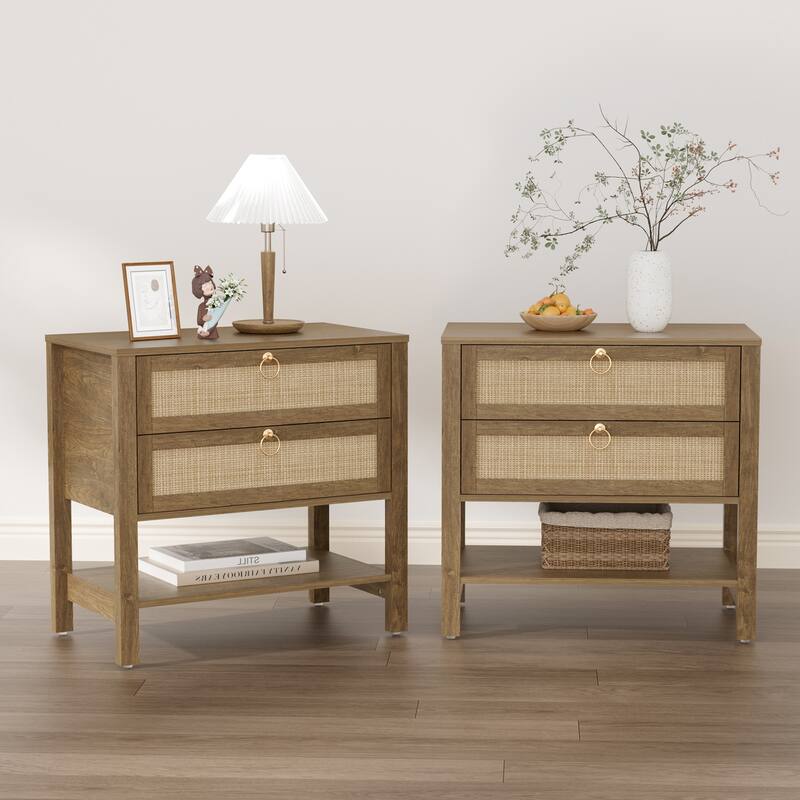 SICOTAS Rattan Boho Nightstand Great Storage for Compact Bedroom Areas