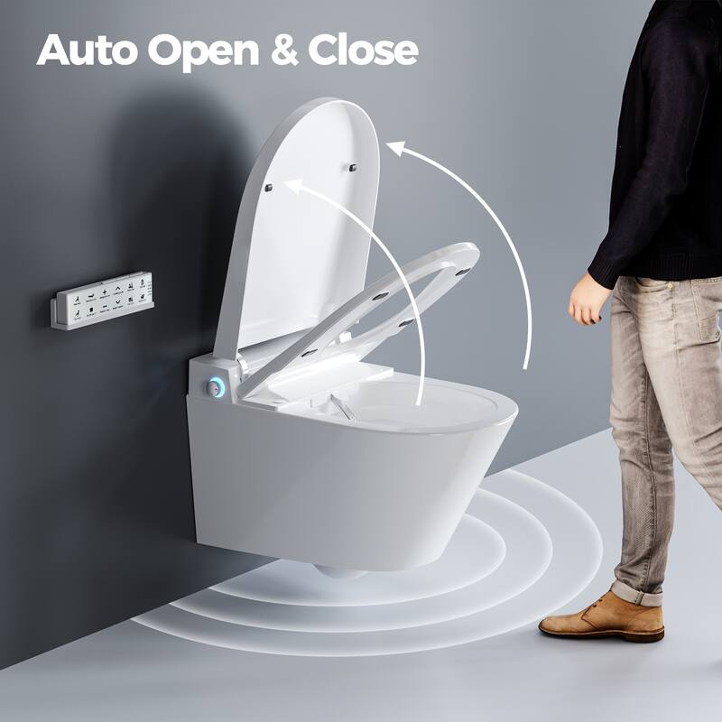 HOROW Wall Hung Elongated Smart Toilet Bidet in White with Auto Open, Auto Close, Heated Seat and Remote, No Tank, No Bracket