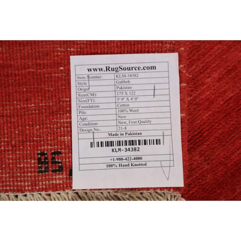 Gabbeh Modern Rug Hand-Knotted Stripe Red Wool Carpet - 4'0" x 5'9"
