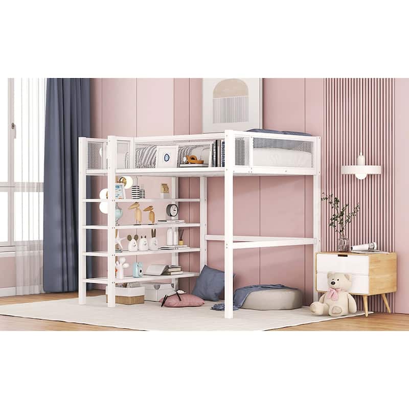 Metal Loft Bed with 4-Tier Shelves and Storage