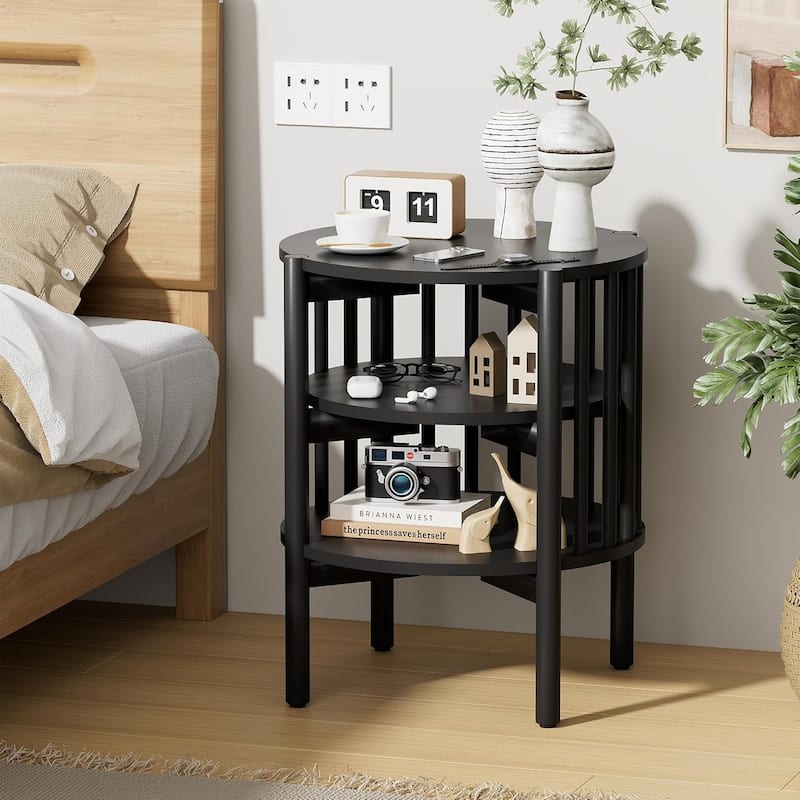 Modern Wood Nightstand with Open Storage, Round End Table for Living Room, Bedroom - Black