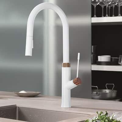 19"H Solid Brass High-Arc Single Handle Gooseneck Pull Down Sprayer Kitchen Faucet