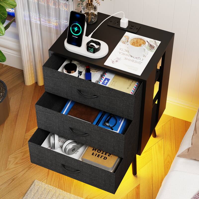 2 Pack Modern Nightstand with Charging Station, Bedside Tables with LED Light and Fabric Drawers