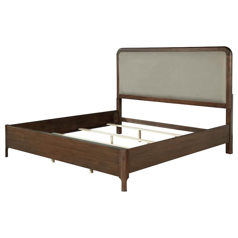 Rie Queen Bed, Taupe Gray Upholstered Headboard, Walnut Brown Wood