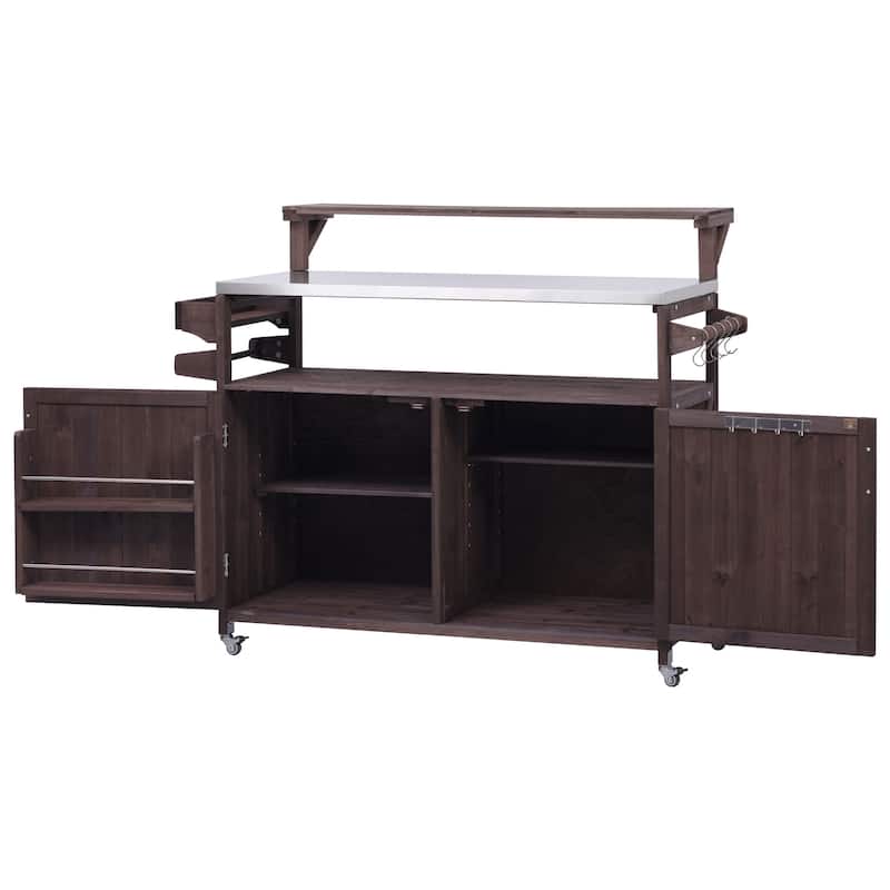 53.3" Outdoor Kitchen Island with Stainless Steel Top, Raised Shelf Solid Wood Storage Cabinet Outdoor Rolling Grill Cart