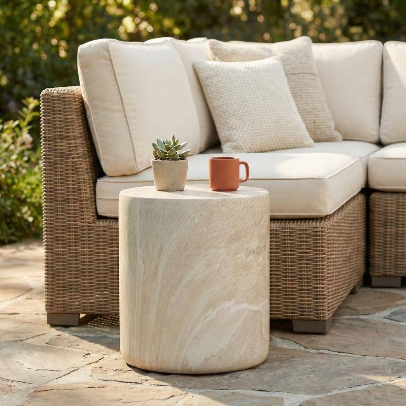 Vintara Modern Cylindrical Round Fiberstone Side Table with Brushed Finish for Living Rooms, Bedrooms, Patios, Balconies