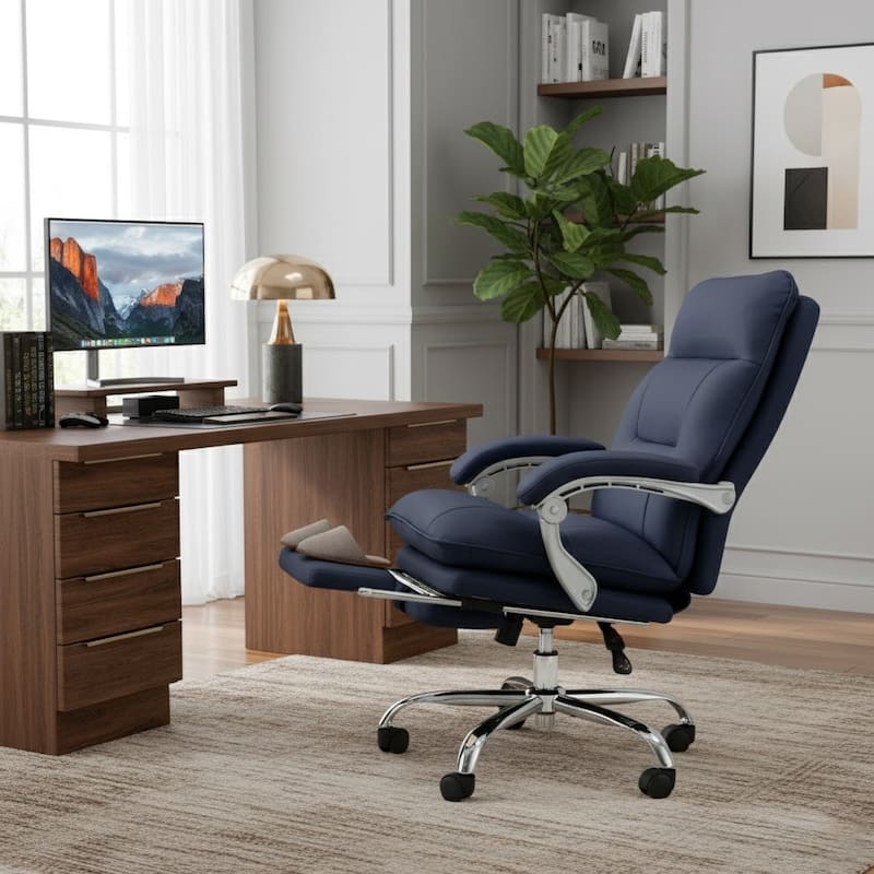 Reclining Executive Office Chair with Footrest - Deep Blue