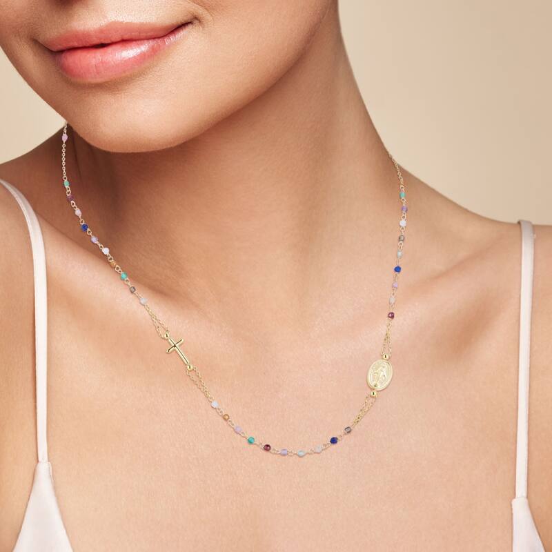 Soleil 14K Gold Beaded Gemstone Religious Necklace, Made in Italy