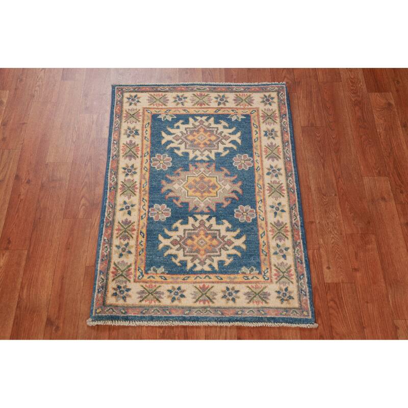 Blue Geometric Kazak Oriental Accent Foyer Rug Handmade Wool Carpet - 2'0"x 3'0"