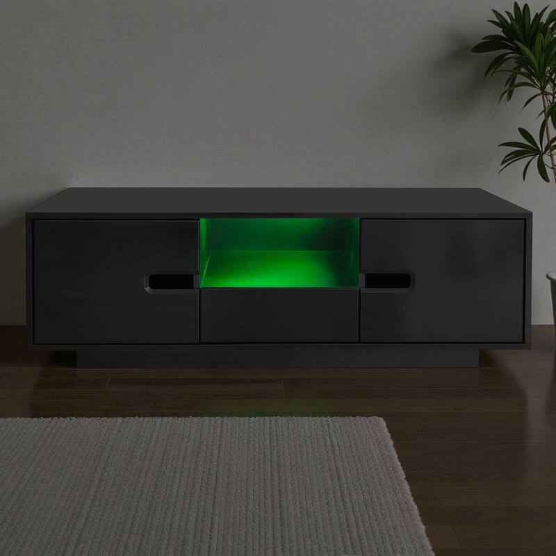 47.2'' Modern High Gloss LED Coffee Table with Storage, Rectangle Center Table with 16 Color Lights for Living Room