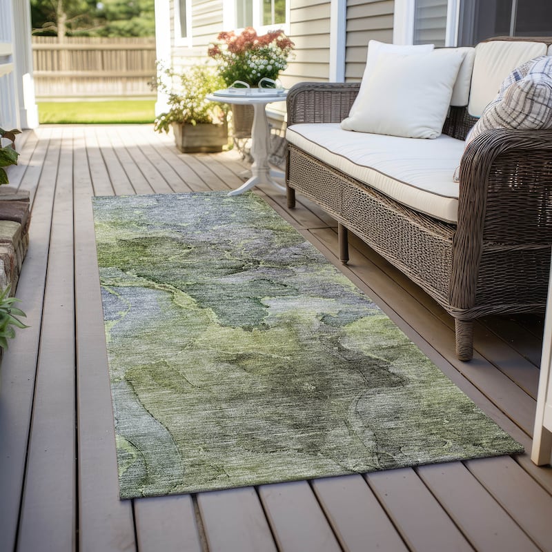 Machine Washable Indoor/ Outdoor Chantille Abstract Modern Rug - Olive - 2'3" x 7'6"
