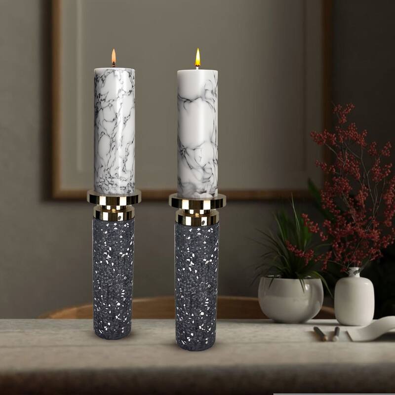 Black Set of Two Splattered Ceramic Candlesticks with Gold Trim