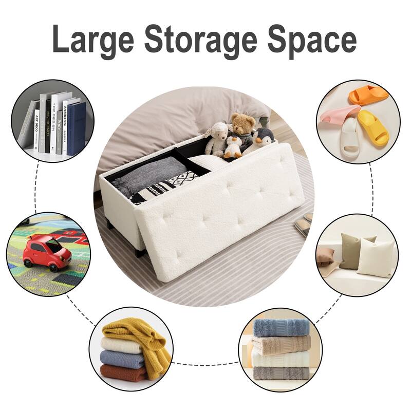 Fabric Upholstered Storage Ottoman, Bench for Entryway, Bedroom, Closet