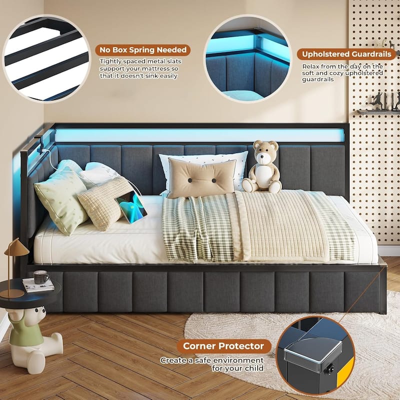 Daybed with 2 Drawers Platform Bed Frame LED Light Charging Station