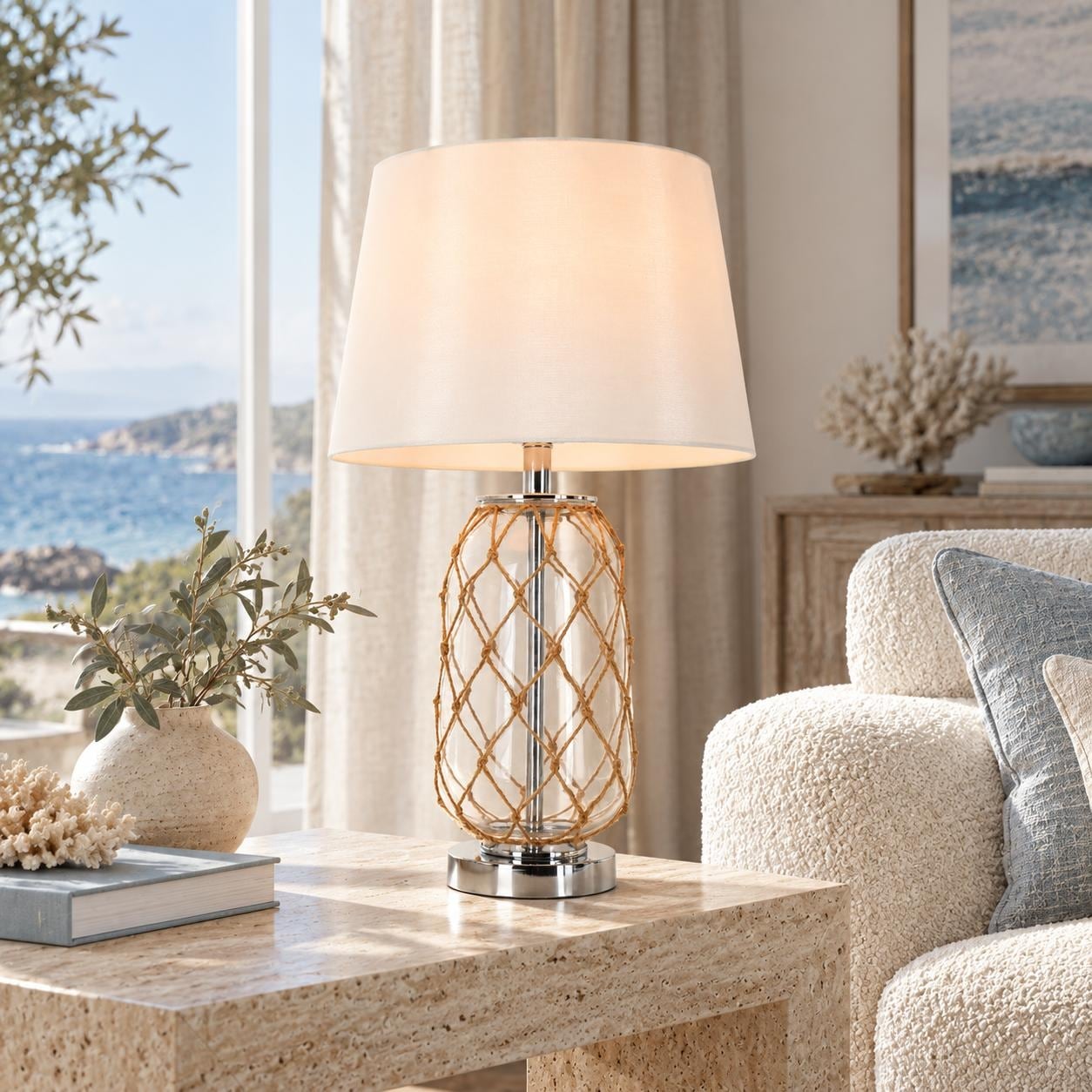 Modern Glass Table Lamp Coastal 26-inch Cylindrical Desk Lamp with Jute Rope Design - L15