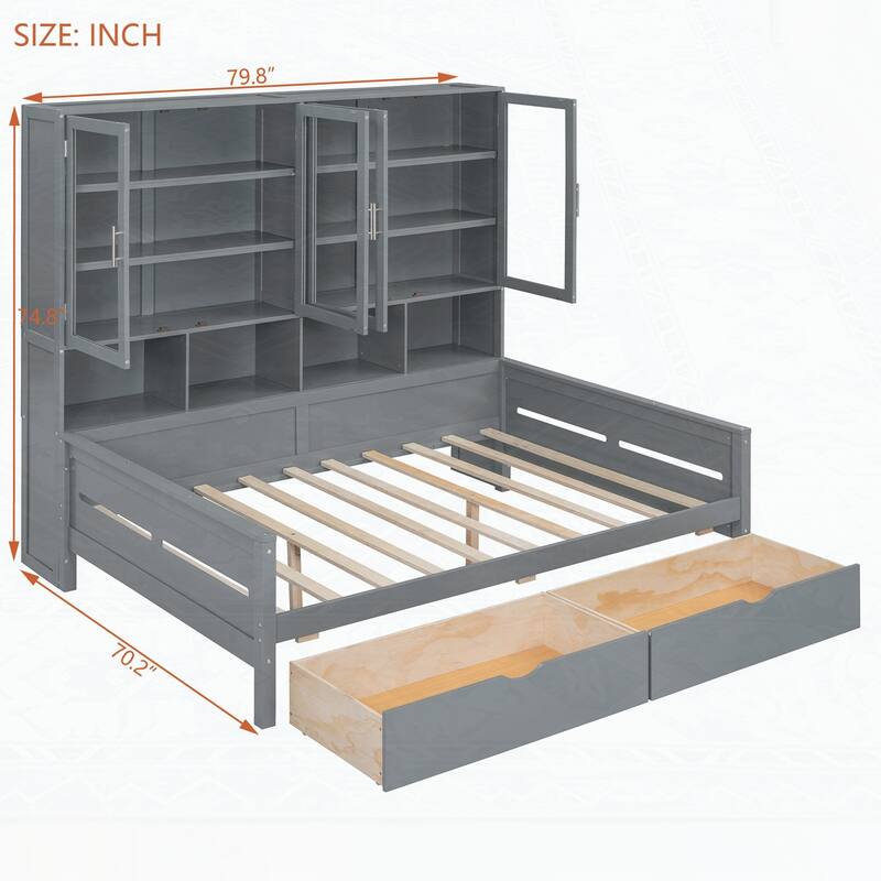 Wooden Daybed with Glass-Door Storage Cabinets and Built-in LED Lighting