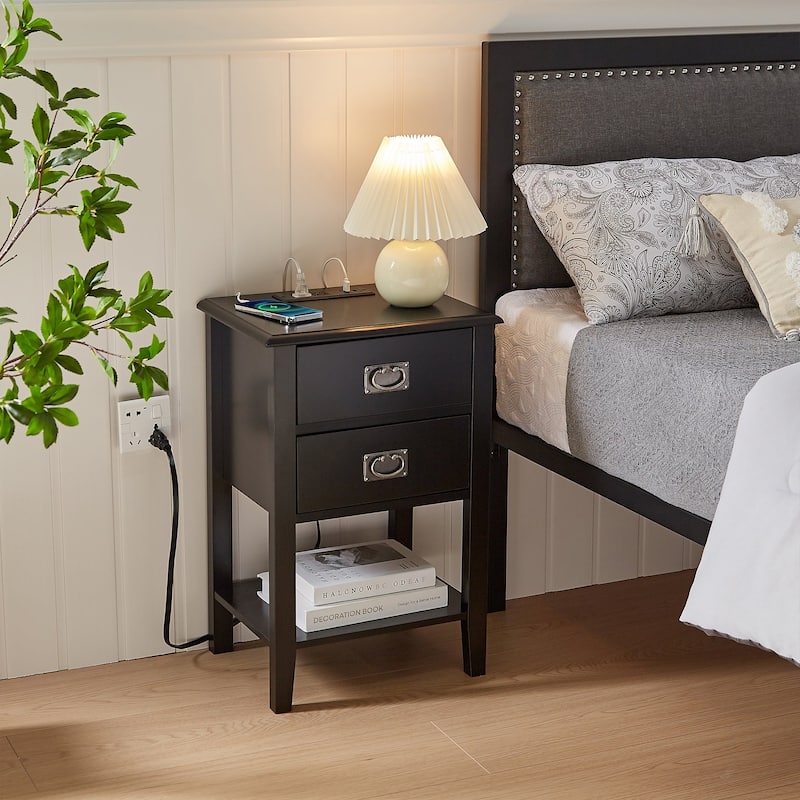 Javlergo Set of 2 Wooden Nightstand with Charging Station, Side End Table with USB Drawer and Open Storage Shelf