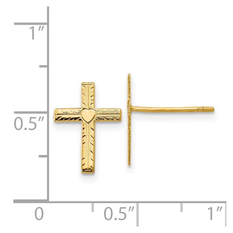 Curata 14k Yellow Gold Textured Heart Cross Earrings (10mm x 13mm)