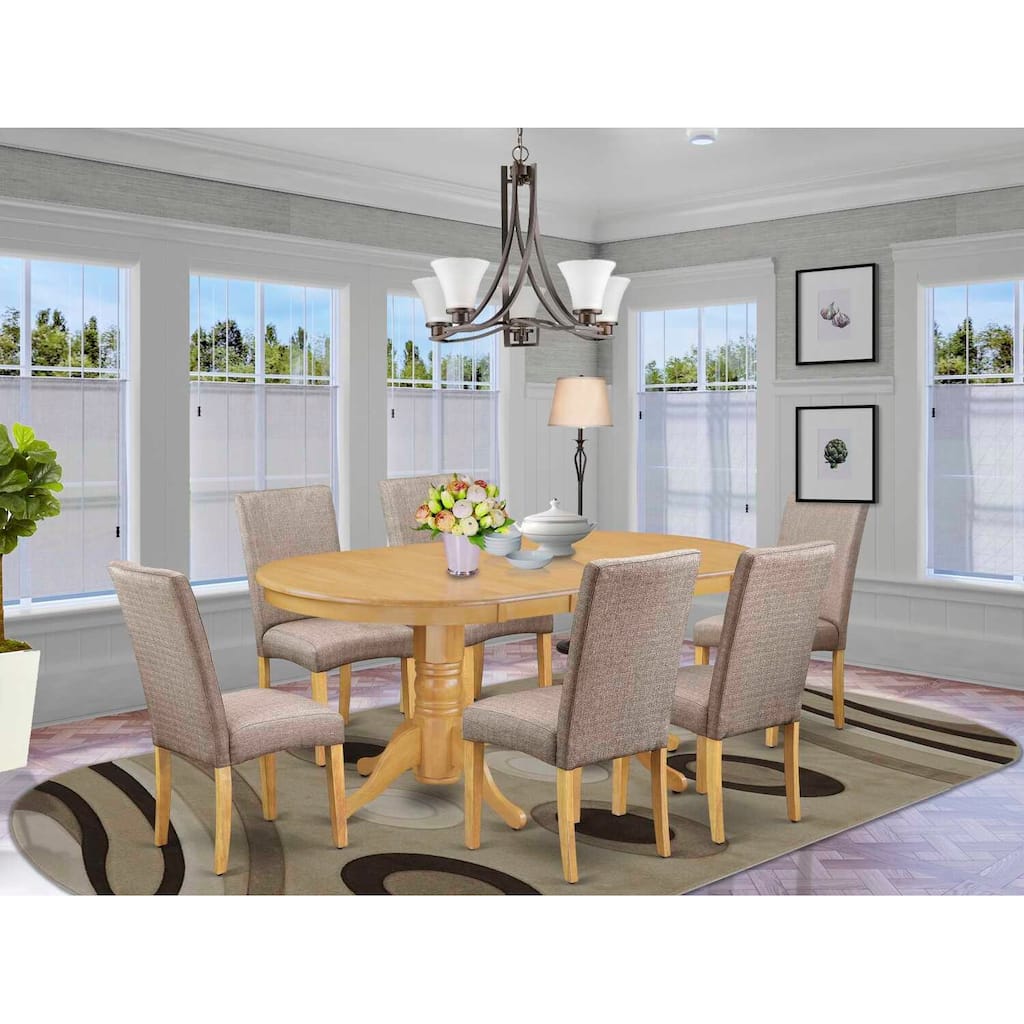 Dining Room Set 7Pc Table & Chairs - Modern Design, Oak Finish, Linen Fabric, Dark Khaki