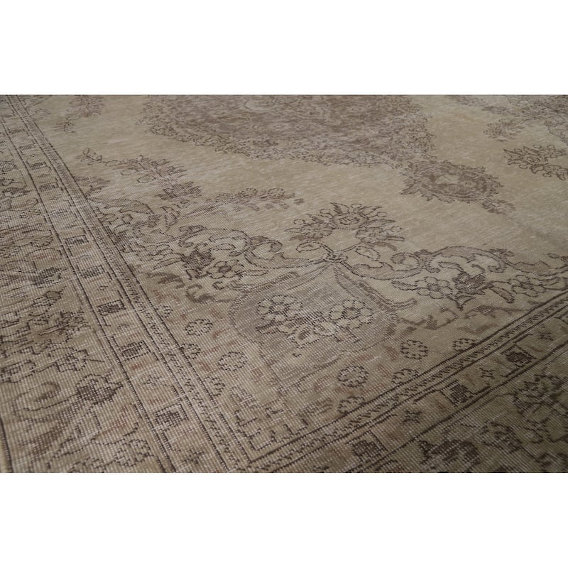 Distressed Tabriz Persian Area Rug Hand-Knotted Green Wool Carpet - 6'5" x 9'0"
