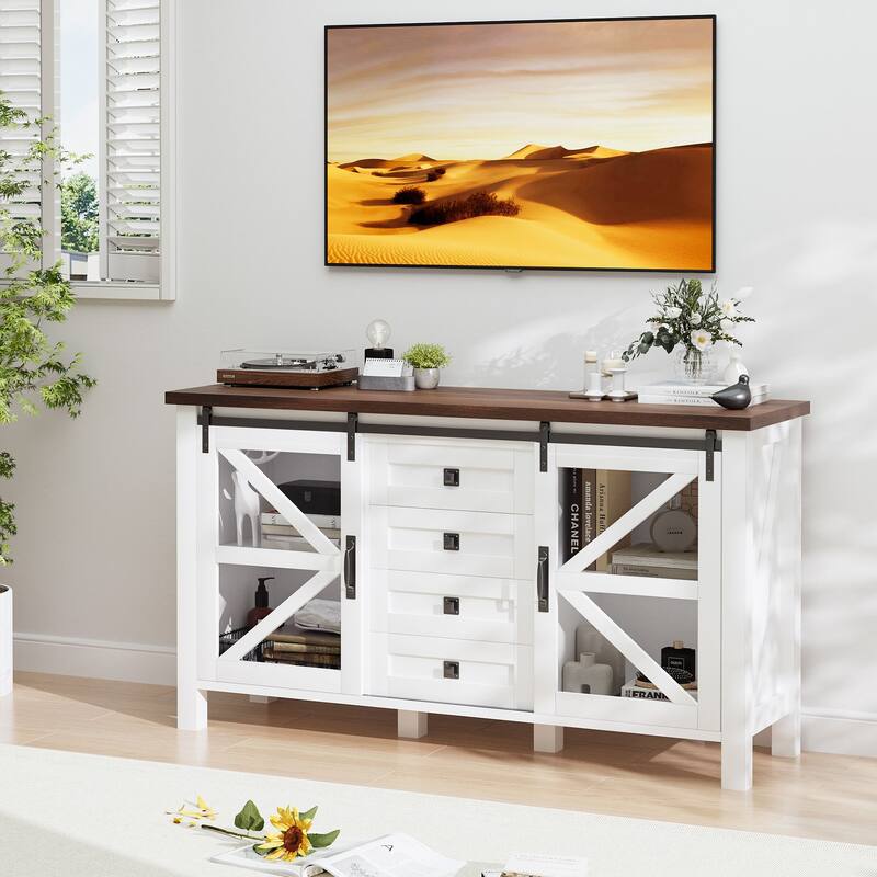 Gymojoy Farmhouse Buffet Cabinet with Barn Doors, 4 Drawers, for Kitchen, Dining Room, Living Room Storage