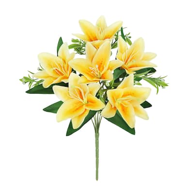 Set of 4 Yellow Artificial Stargazer Lily Flower Stem Bush Bouquet 13in - 13" L x 8" W x 8" DP
