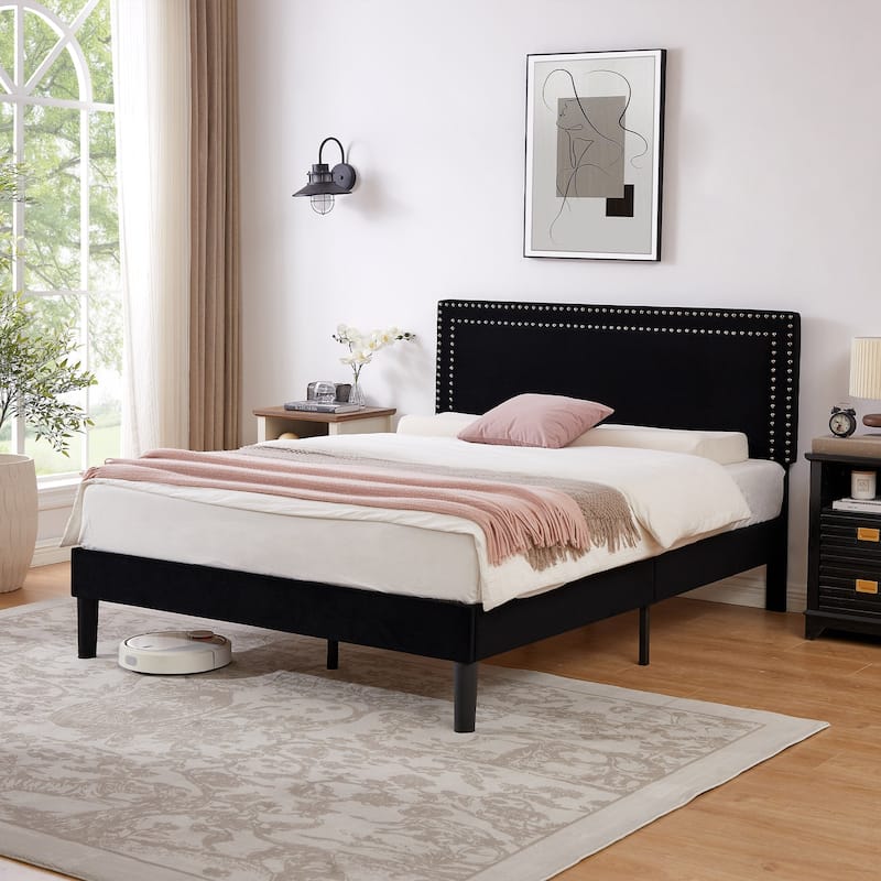 VECELO Upholstered Bed Frames with Height Adjustable Headboard