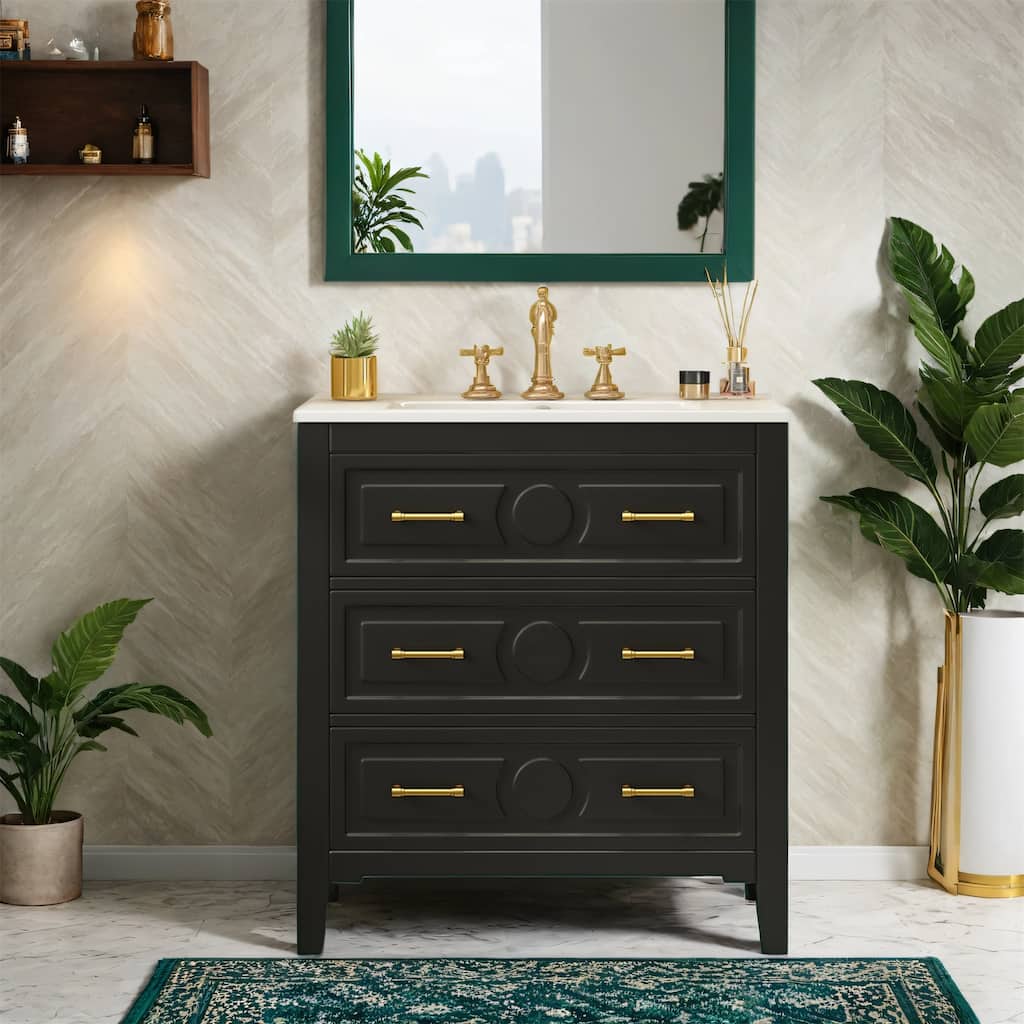 30" Bathroom Vanity with Ceramic Sink, Solid Wood Storage Cabinet, Freestanding 3-Drawer Vanity Set