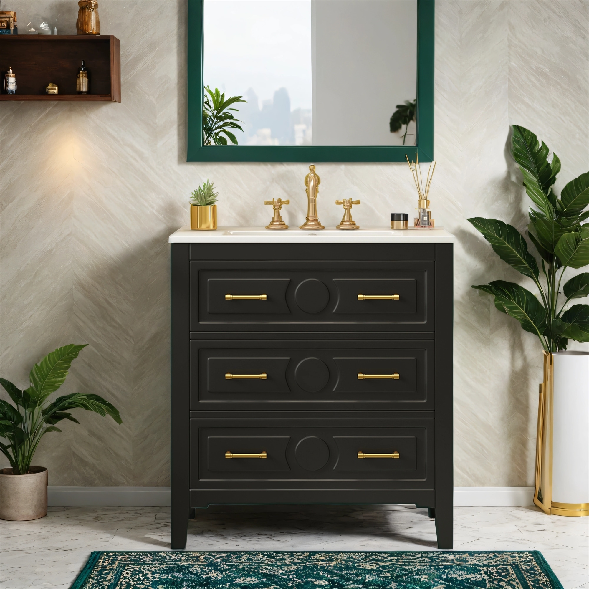 30" Bathroom Vanity with Ceramic Sink, Solid Wood Storage Cabinet, Freestanding 3-Drawer Vanity Set