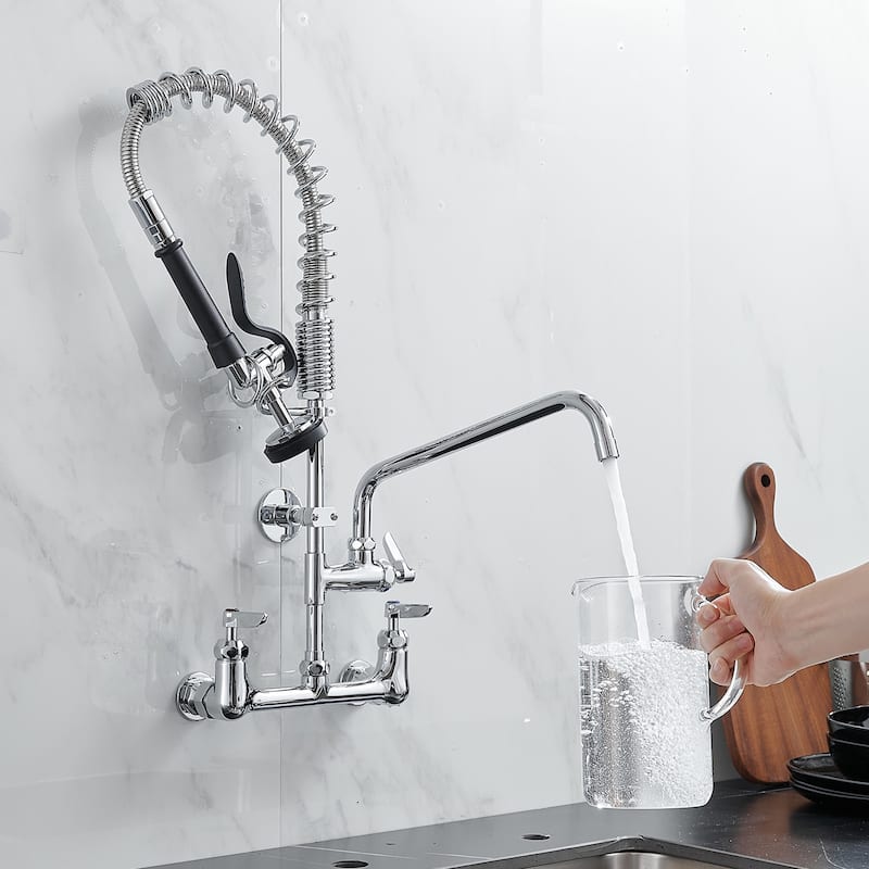 26 Inch Modern Commercial Brushed Nickel Kitchen Faucet with Pre-Rinse Sprayer - 8 In. W X 25 In. H X 8 In. D