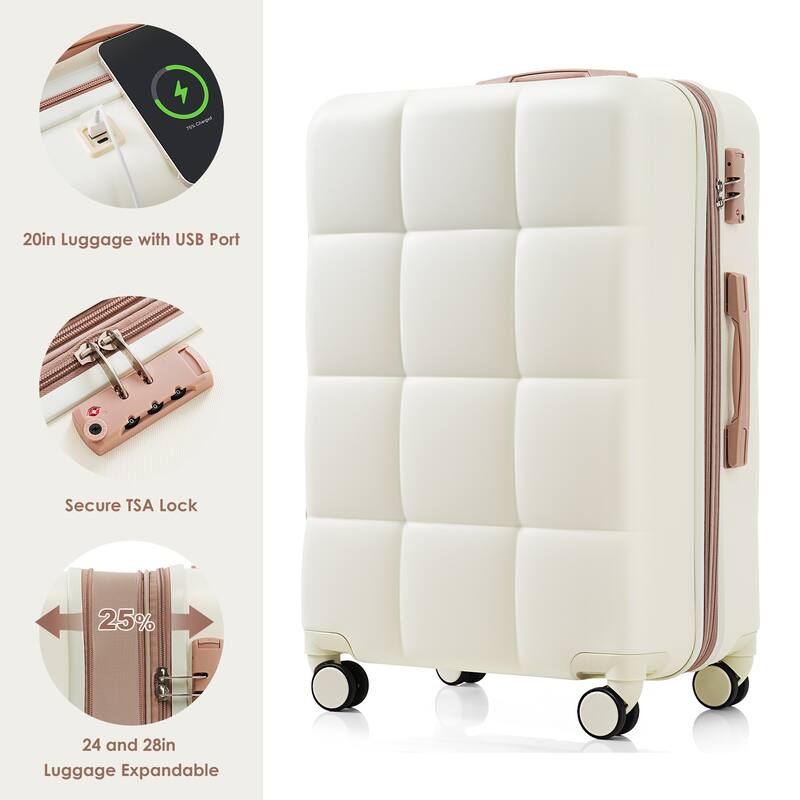 Merax 3 Piece Carry-on Luggage Set, ABS Hard Shell Lightweight Durable Luggage w/USB Port, Cup Holder and Spinner Wheels