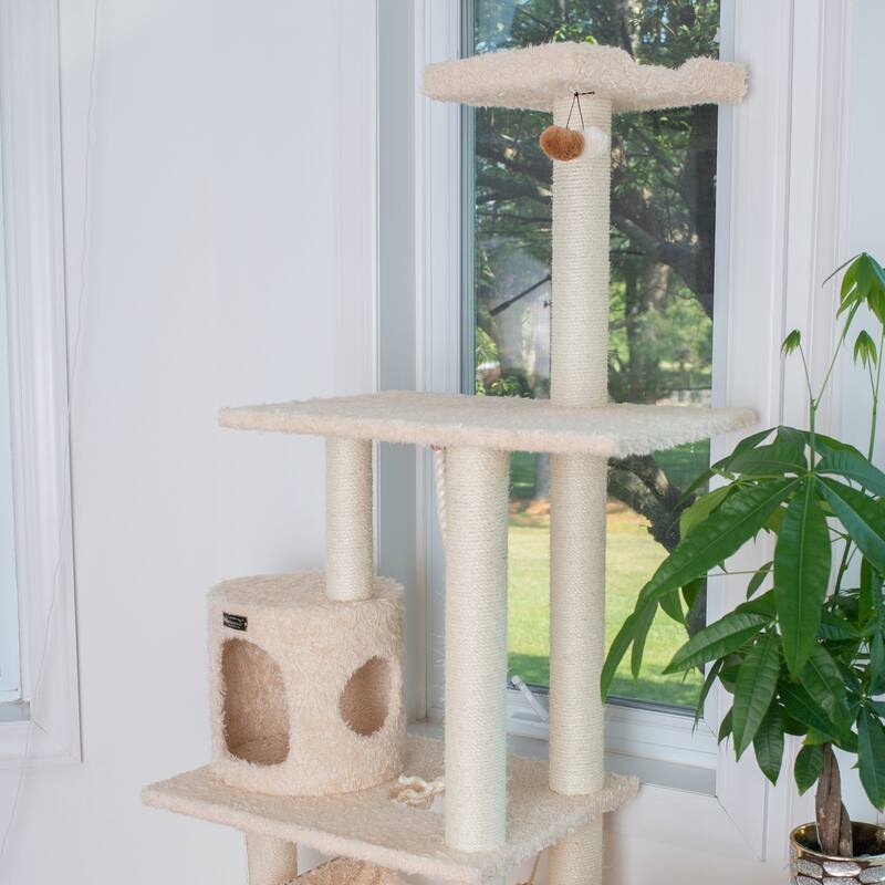 70" Wood Cat Furniture,Ultra thick Faux Covered Cat Condo House, Beige