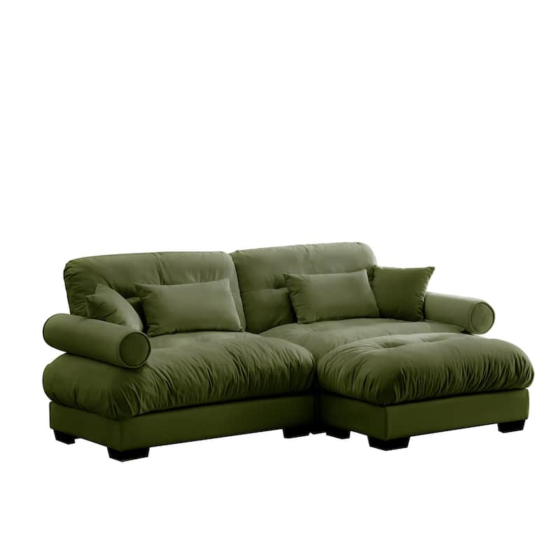 GDFStudio - Meridian Velvet 2-seater Cloud Sofa with Ottoman and Round Bolster Armrests