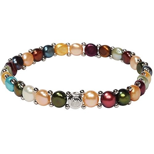 D'AMA Women's Pearl Bracelet - Easy-On Stretch Single Strand Bracelet With Stainless Steel Spacer Beads