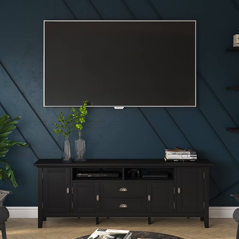 WYNDENHALL Mansfield SOLID WOOD 72 inch Wide Transitional TV Media Stand For TVs up to 80 inches - 72'' W x 16.5'' D x 26'' H - Black