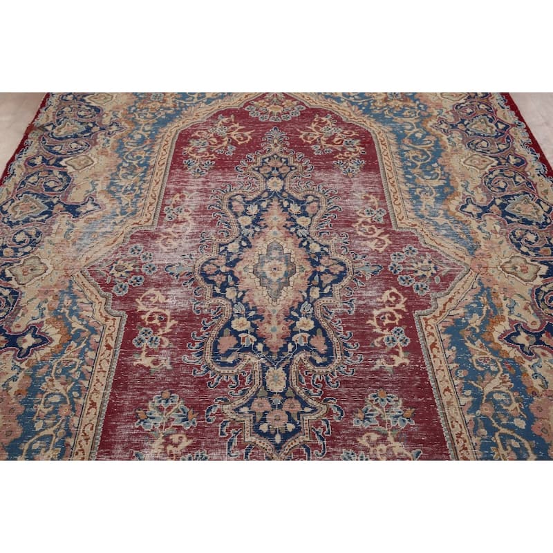 Distressed Geometric Kerman Persian Vintage Rug Handmade Wool Carpet - 6'6" x 9'10"