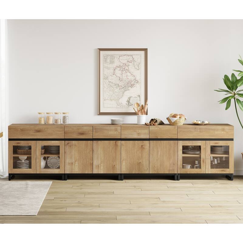 4 in 1 Sideboard Buffet Cabinet with 2 Glass Doors & Drawers, Adjustable Shelf, Metal Base for Living Room, Kitchen