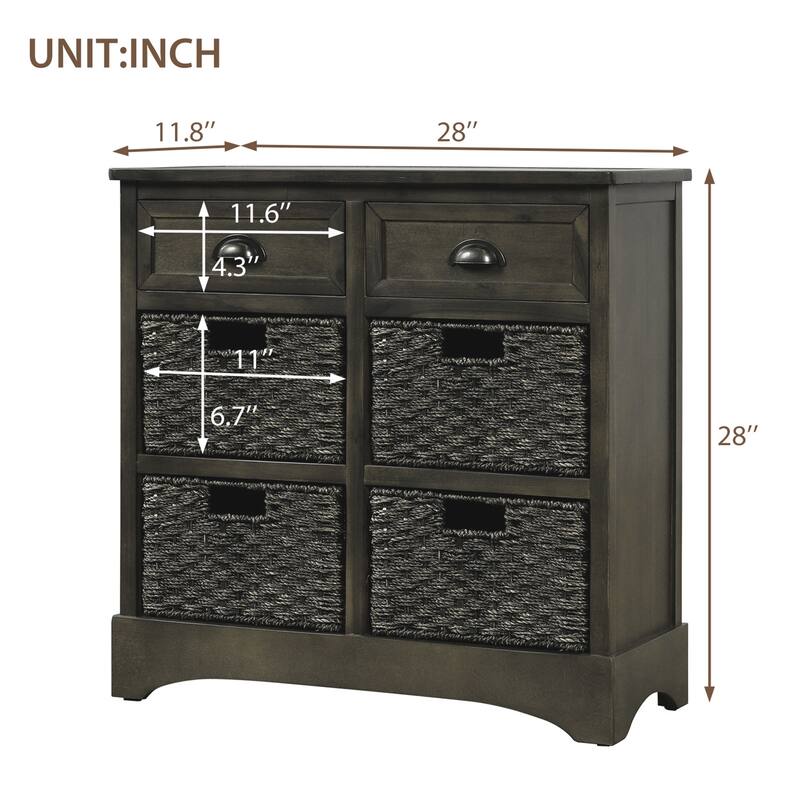 Rustic Storage Cabinet with Two Drawers and Four Classic Rattan Basket for Dining Room/Living Room