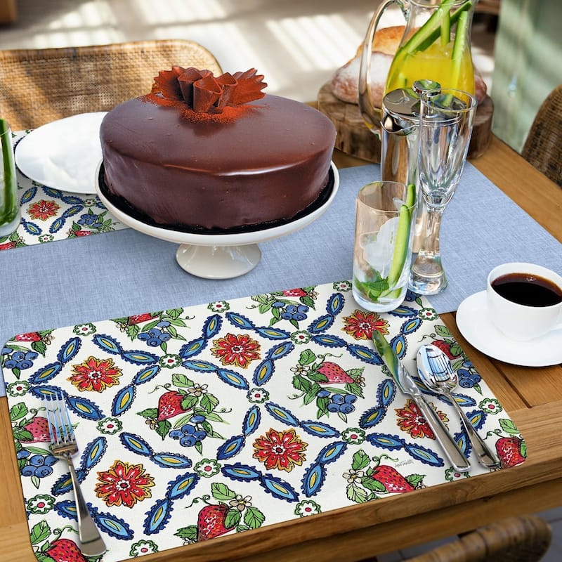 Strawberry Garden 4 Pack Reversible Easy Care Flexible Plastic Placemats Made in The USA BPA Free Easily Wipes Clean