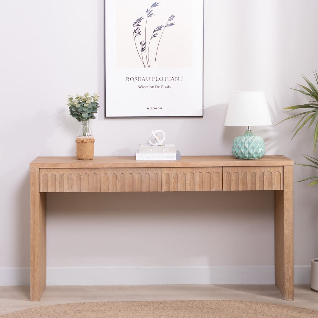 Roomfitters Modern Console Table with 4 Drawers 59 Inch Entryway Table Wood Finish Minimalist Hallway Furniture